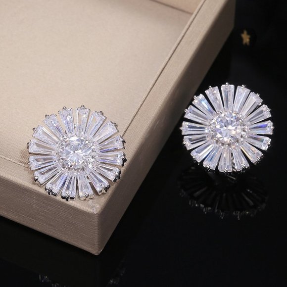 Silver Baguette Round Diamond Sunflower Earrings - Picture 8 of 9